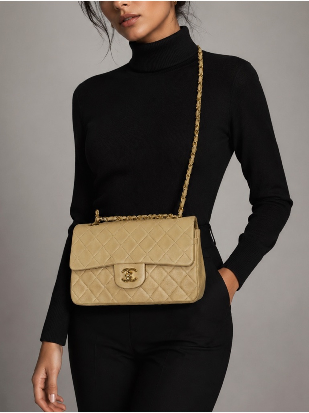 CHANEL 1991 Classic Timeless Double Flap Beige Quilted Lambskin 24k Gold Bag
